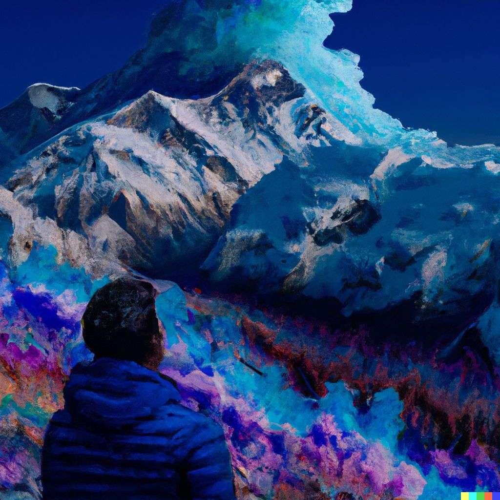 someone gazing at Mount Everest, made from a burst of colored powder, digital art
